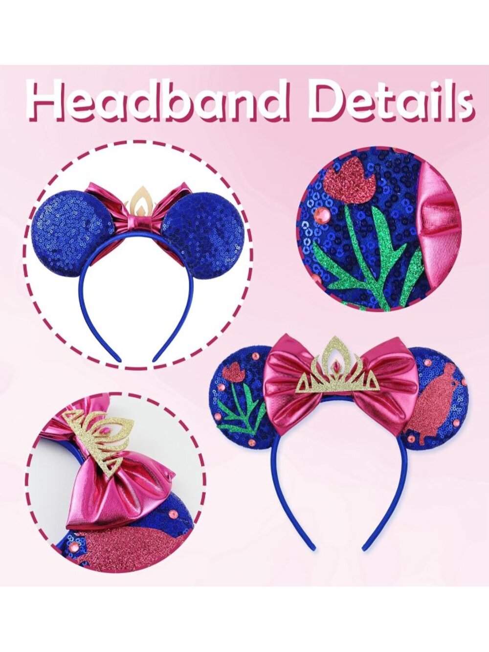 Women Snow White blue Polyester Sequin Bow Mickey Mouse Headband Hair Accessory - Picture 4 of 7